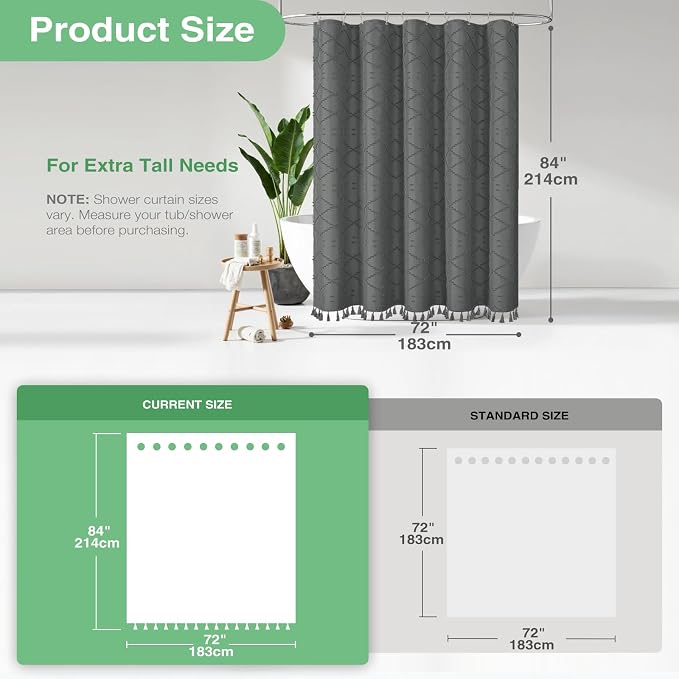 Extra Long Boho Shower Curtain Geometric 72"x84" Charcoal Grey | 84 Inch Tall, Elegant Tassel, Lightweight Textured Fabric, Water Repellent, Washable, Hotel Spa, for Bathroom/Dorm 12 Hooks