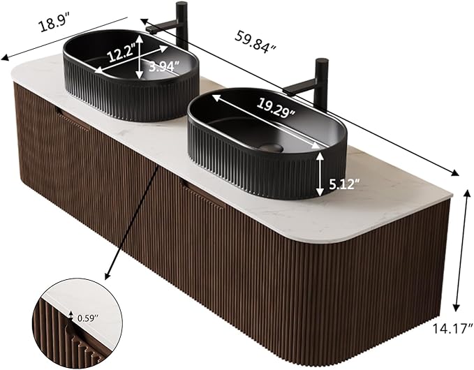 Yayzy 60" Floating Bathroom Vanity with Sink, Solid Wood Fluted Cabinet, Black Fluted Oval Ceramic Basin & Faux Marble Top, Soft-Close Drawer, Pre-Assembled, Walnut Woodgrain