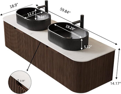 Yayzy 60" Floating Bathroom Vanity with Sink, Solid Wood Fluted Cabinet, Black Fluted Oval Ceramic Basin & Faux Marble Top, Soft-Close Drawer, Pre-Assembled, Walnut Woodgrain