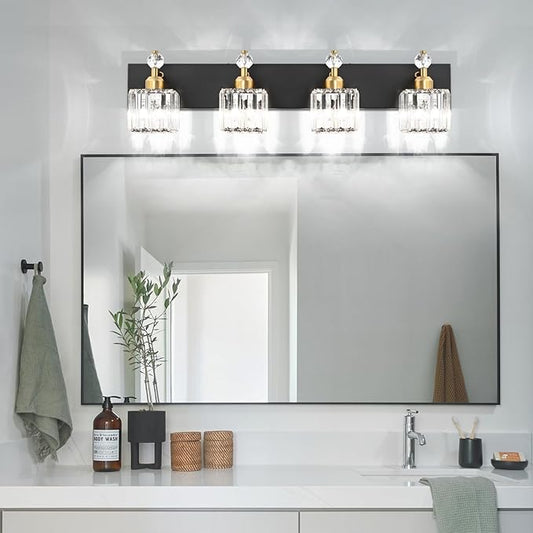 PRESDE 4-Light Crystal Vanity Light for Bathroom Modern Black and Gold Bathroom Lights Fixtures Over Mirror Modern Bath Wall Lighting