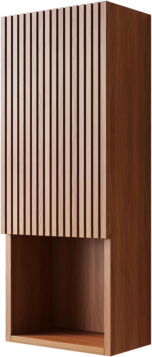 KEIKI Bathroom Wall Cabinet with Soft-Close Doors & Open Shelf, Brown Oak | Premium Wood Medicine Cabinet, Narrow Storage Cabinet for Bathroom Kitchen Laundry Room