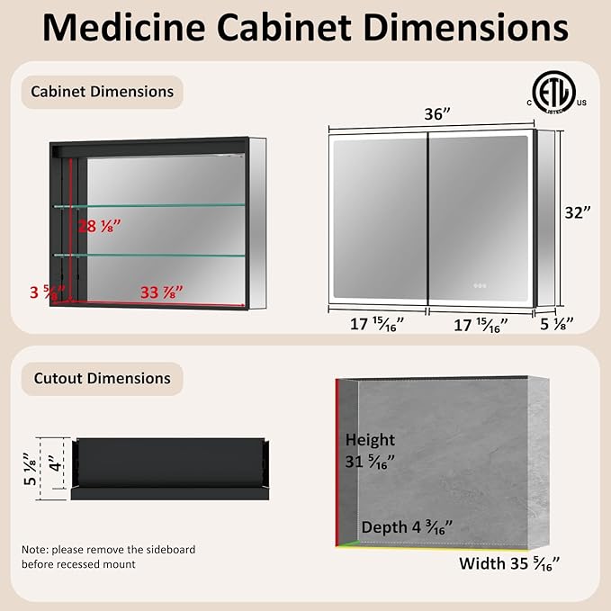 36x32 Inch Medicine Cabinet with Mirror, Recessed or Surface Mount Bathroom Medicine Cabinet with LED Lights, Anti-Fog, Adjustable Shelf, Dimmable Light, Outlets & USB, ETL Listed, Black