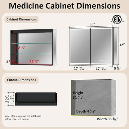 36x32 Inch Medicine Cabinet with Mirror, Recessed or Surface Mount Bathroom Medicine Cabinet with LED Lights, Anti-Fog, Adjustable Shelf, Dimmable Light, Outlets & USB, ETL Listed, Black
