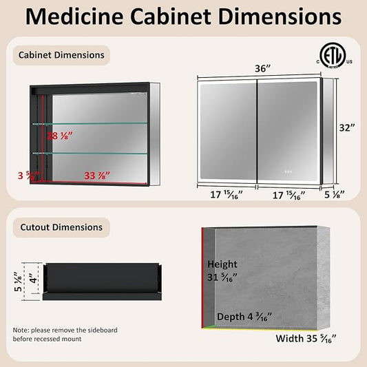 36x32 Inch Medicine Cabinet with Mirror, Recessed or Surface Mount Bathroom Medicine Cabinet with LED Lights, Anti-Fog, Adjustable Shelf, Dimmable Light, Outlets & USB, ETL Listed, Black