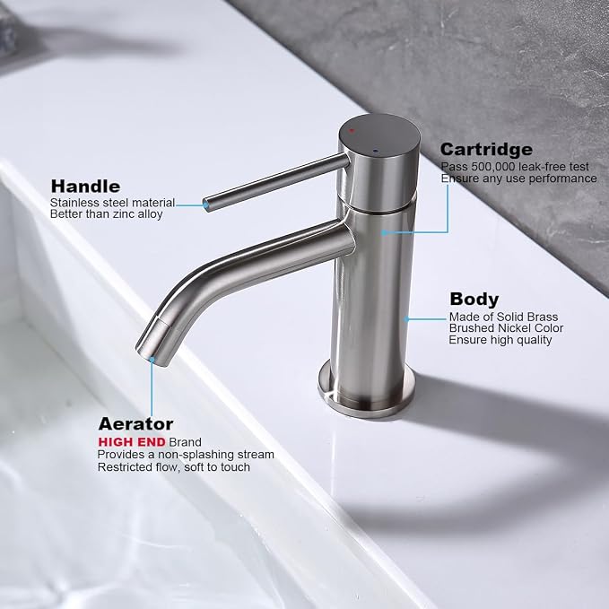 Single Hole Bathroom Sink Faucet with Pop-up Drain Assembly and Faucet Supply Lines, Brushed Nickel Single Handle Lavatory Basin Faucets Taps