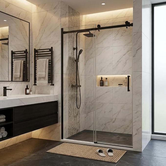 56-60" W x 76" H Frameless Sliding Shower Door, 1/4" (6mm) Tempered Glass with Explosion-Proof Film, Matte Black Bypass Shower Door with Seal Strips