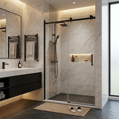 56-60" W x 76" H Frameless Sliding Shower Door, 1/4" (6mm) Tempered Glass with Explosion-Proof Film, Matte Black Bypass Shower Door with Seal Strips