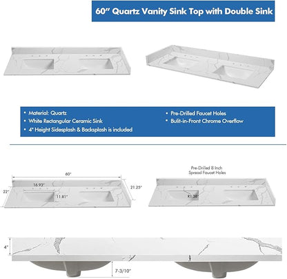 60 in.W x 22 in.D Quartz Calacatta River Vanity Top,with Undermount Double Sink Vanity Top,with Two Sidesplash & One Backsplash,8 Inch Faucet Hole Spread Bathroom Vanity Sink Countertop