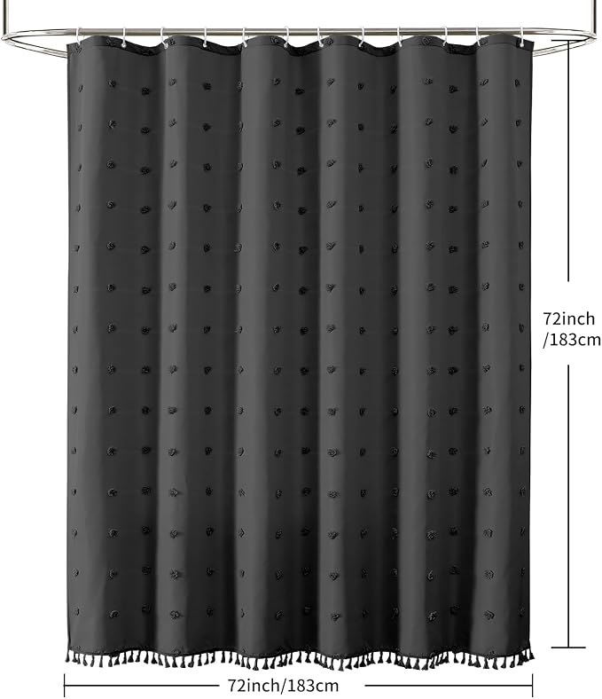 LilyCat Boho Tufted Floral Shower Curtain with Tassel, Black, 72" x 72" | Waterproof Boho Fabric Shower Curtain Set with Hooks, Cute Rustic Vintage Bathroom Décor, Minimalist Cloth Bathroom Curtain