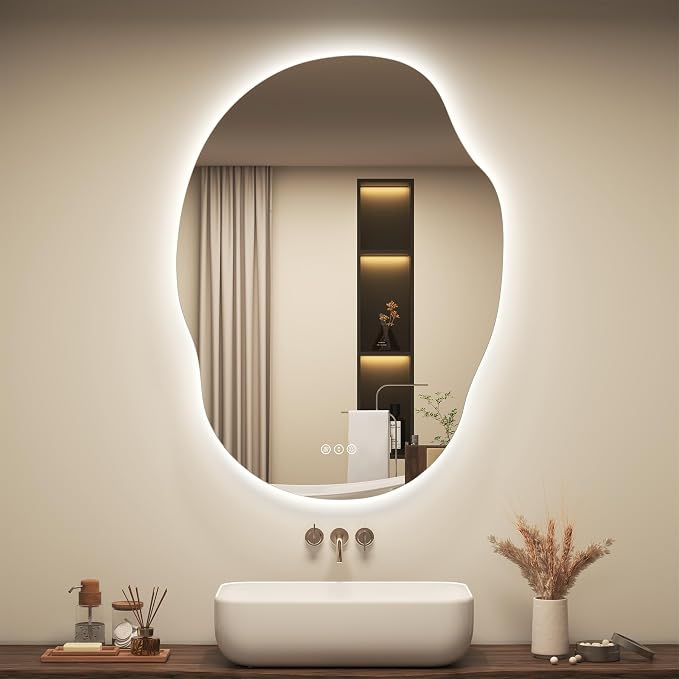 OKPAL Irregular Backlit Bathroom Mirror with Lights 22x30, Asymmetrical Leaf-Shaped Led Lighted Vanity Mirror for Wall, Anit-Fog, Dimmable, Memory, Tempered Glass, UL (Horizontal/Vertical)