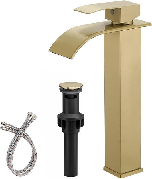 BWE Vessel Sink Faucet Brushed Gold Faucet for Bathroom Sink Tall Waterfall Bathroom Faucet Single Handle One Hole Vanity Sink Faucet with Pop-up Drain