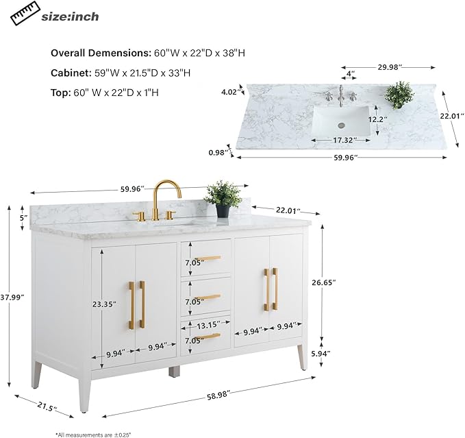 HomeBeyond 60 Inch Bathroom Vanity with Sink & Ceramic Top, Single Vanity Cabinet with Basin, Soft-Closing Doors & Matte Black Hardware, White