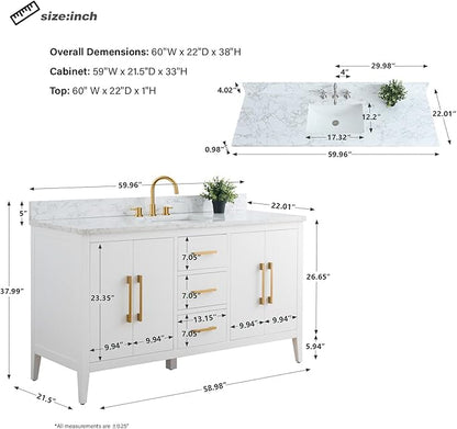 HomeBeyond 60 Inch Bathroom Vanity with Sink & Ceramic Top, Single Vanity Cabinet with Basin, Soft-Closing Doors & Matte Black Hardware, White