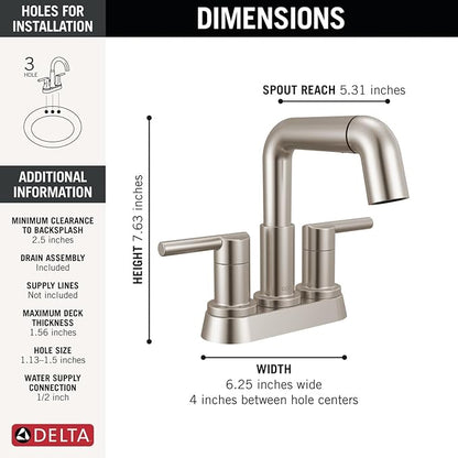 Delta Nicoli Centerset Brushed Nickel Bathroom Faucet with Sprayer, 4 Inch 3 Hole Bathroom Sink Faucet with Pull Out Sprayer, Push-Pop Drain, Stainless 25849LF-SSPD