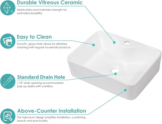 19"x15" Rectangle Bathroom Vessel Sink with Faucet Combo Porcelain Ceramic White Vanity Sink Above Counter Modern Sink with Faucet Hole for Lavatory, Hotel Art Basin, Home Washing Basin