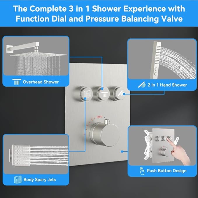 Brushed Nickel Shower Systems with 4 Body Spray Jets, STARBATH 12" Rain Showerhead with 2 Modes Handheld Spray, Can Use All at Once, Thermostatic Shower Jets System in Wall Shower Faucet Sets