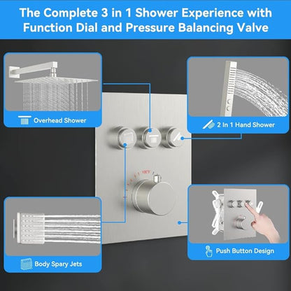 Brushed Nickel Shower Systems with 4 Body Spray Jets, STARBATH 12" Rain Showerhead with 2 Modes Handheld Spray, Can Use All at Once, Thermostatic Shower Jets System in Wall Shower Faucet Sets