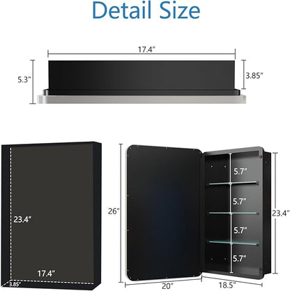 Medicine Cabinet with Framed Mirror, 20 x 26 Inch Silver Round Corners Bathroom Cabinets, Recessed or Surface Wall-Mounted, Double Doors, Removable Glass Shelves for Bathroom Bedroom Kitchen