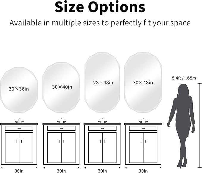 GLASHOM Frameless Oval Bathroom Mirror, 48x28 Inch Vanity Mirror for Over Sink with Beveled Edge, Decorative Wall Mirror for Bedroom, Living Room and Entryway, Hangs Horizontally or Vertically