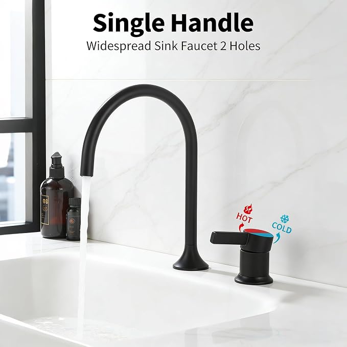 Bathroom Faucets Matte Black,Single Handle Brass Widespread Basin Faucet for Sink,High Arc Gooseneck Bathroom Sink Faucet 2 Hole,Vanity Vessel Sink Faucet Mixer Tap