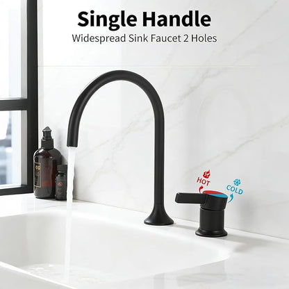 Bathroom Faucets Matte Black,Single Handle Brass Widespread Basin Faucet for Sink,High Arc Gooseneck Bathroom Sink Faucet 2 Hole,Vanity Vessel Sink Faucet Mixer Tap