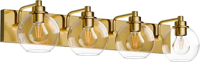 4 Light Bathroom Light Fixtures-Brushed Gold Bathroom Vanity Lights, Modern Vanity Lights 4-Light Bathroom Lighting Fixtures Over Mirror with Clear Glass Globe Shade