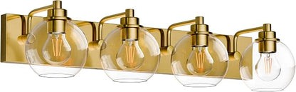 4 Light Bathroom Light Fixtures-Brushed Gold Bathroom Vanity Lights, Modern Vanity Lights 4-Light Bathroom Lighting Fixtures Over Mirror with Clear Glass Globe Shade