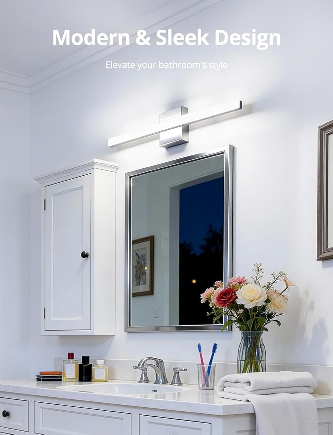 24 Inch Vanity Lights Above Mirror Modern Gentle Lighting Bar for Bathroom, LED Lámparas para Baño sobre Espejo Modernas Chrome Long Restroom Lamp Fixtures for Makeup Daylight 6000K