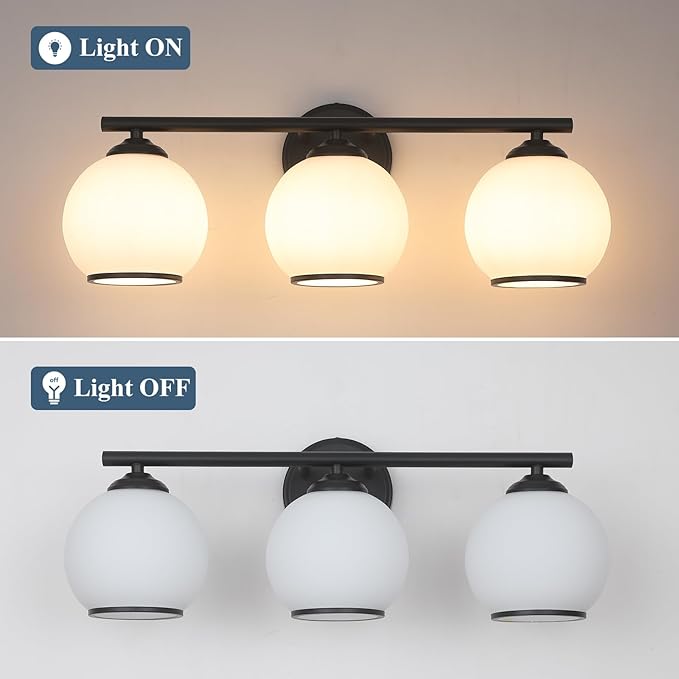 Milk Glass Bathroom Vanity Light Over Mirror, 3 Light Matte Black Bathroom Light Fixtures with Frosted Globe Glass Shade, Modern Vanity Lighting Wall Mounted