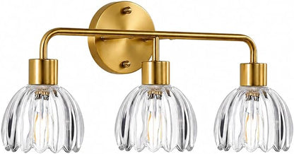 3-Light Gold Brass Bathroom Light Fixture with Clear Tulip Glass Shade,Wall Sconces,Vintage Vanlity Light Over Mirror,Bathroom Wall Light,E26 Socket(Bulbs Not Included)
