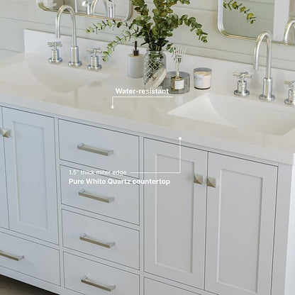 ARIEL Cambridge 60-inch Bathroom Vanity with Sink,Solid Wood, 1.5-inch Pure White Quartz Countertop & Backsplash, Double Rectangular Porcelain Sink, 4 Soft Closing Doors, 6 Dovetail Drawers, White