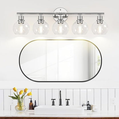 Indoi 5-Light Bathroom Light Fixture, Chrome Bathroom Wall Light with Clear Glass Globe Shades, Modern Vanity Lights Over Mirror for Bathroom, Bedroom, Kitchen, Living Room, Hallway