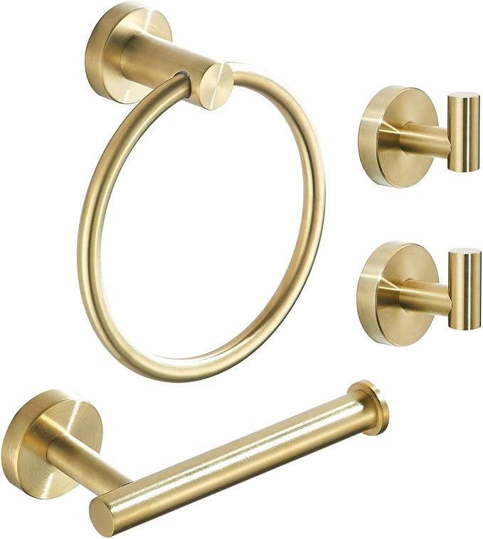 Gold Bathroom Hardware Set, Brushed Gold Toilet Paper Holder Towel Ring and 2 Robe Hook Bathroom Accessories Hand Towel Holder Kit Wall Mount Stainless Steel, 4 Pieces