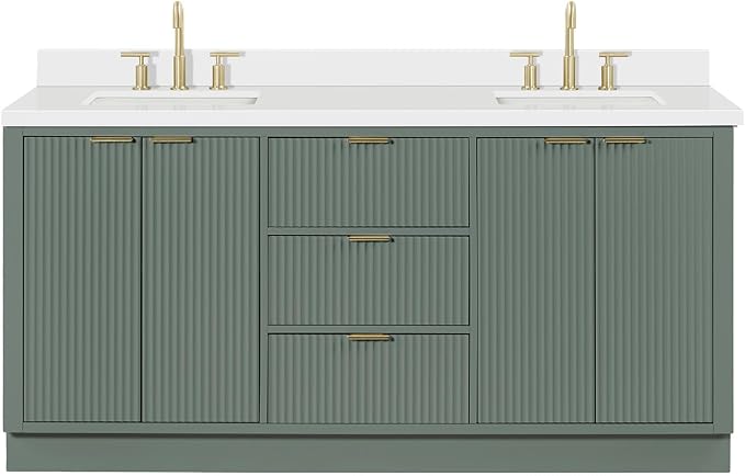 ARIEL Milan 72-inch Bathroom Vanity with Sink,Solid Wood, 1.5-inch Pure White Quartz Countertop, Double Rectangular Porcelain Sink, Soft Closing Doors, Dovetail Drawers, Vintage Green