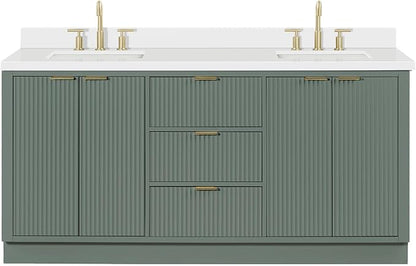 ARIEL Milan 72-inch Bathroom Vanity with Sink,Solid Wood, 1.5-inch Pure White Quartz Countertop, Double Rectangular Porcelain Sink, Soft Closing Doors, Dovetail Drawers, Vintage Green