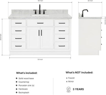 DKB Isabella 54" White Single Bathroom Vanity with Sink, 1.5" Italian Carrara Marble Countertop, Rectangular Undermount Sink, 2 Soft Closing Doors, 8 Dovetail Drawers, 1 Tilt Drawer