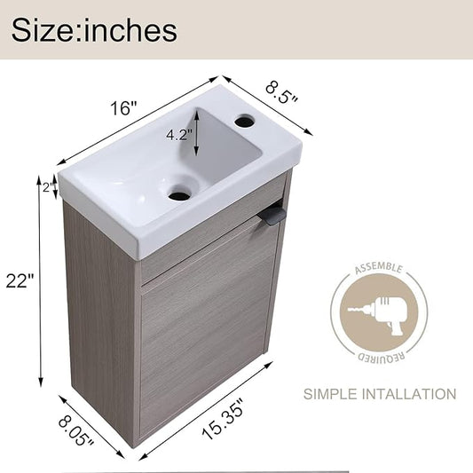 16 Inch Bathroom Vanity with Sink Combo, Wall Mounted Cabinet Set with 1 Door and White Ceramic Basin Sink Top, Forest Oak Floating Bathroom Vanity for Small Space