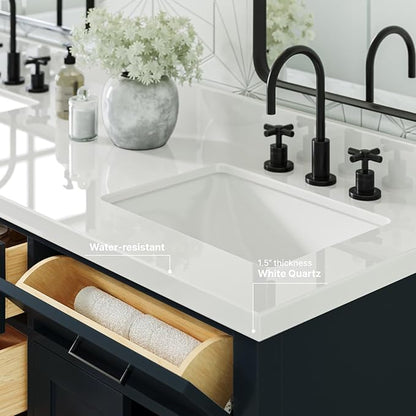ARIEL Hepburn 66-inch Bathroom Vanity with Sink,Solid Wood, 1.5-inch Pure White Quartz Countertop, Double Rectangular Porcelain Sink, 4 Soft Closing Doors, 6 Dovetail Drawers, Midnight Blue