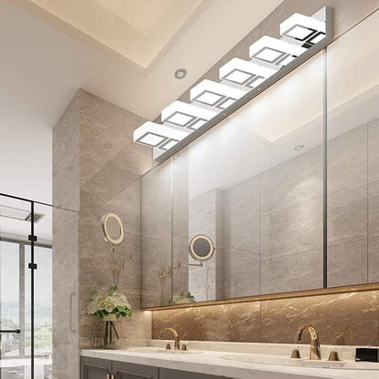 Ralbay Modern Chrome Bathroom Vanity Lights Dimmable 6 Lights Acrylic Stainless Steel Modern LED Vanity Light Fixtures for Bathroom Lighting Dimmable 6000K Cool White Light