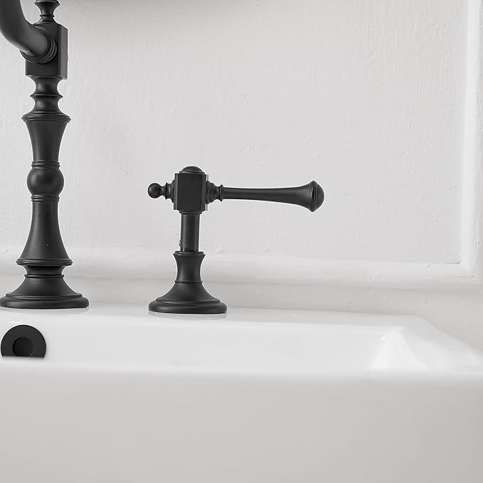 BWE Black Widespread Faucet for Bathroom Sink 3 Hole 8 Inch Widespread Bathroom Faucet with Pop-up Drain Assembly 2-Handle Vanity Faucet with Supply Lines Solid Brass Matte