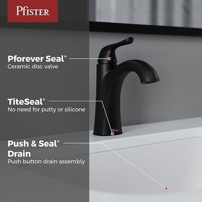 Pfister Willa Bathroom Sink Faucet, Single Control, 1-Handle, Single Hole, NSF Certified, Spot Defense Matte Black Finish, LF042MALSDB