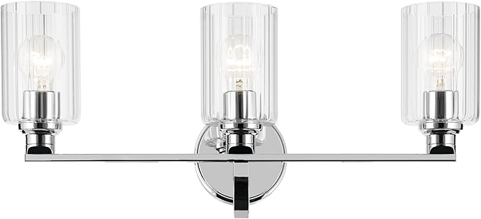 Kichler Gioe 24.25" 3-Light Vanity Light with Clear Fluted Glass in Chrome, Damp Rated, for Bathroom, Powder Room, Over a Mirror, (24.25" W x 10.5" H), 55226CHFLU