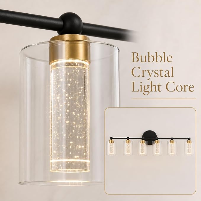 Black and Gold Vanity Light with 3 Color Modes, Eye Protection LED Bathroom Light Fixtures, Dimmable Modern Wall Light Over Mirror with Clear Glass Shade (Black & Gold, 5-Light)