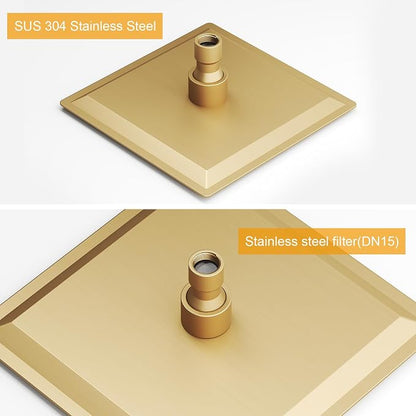 8 In Rain Shower Head High Pressure Rainfall Shower Head Brushed Gold | Square Rain Bathroom Showerhead, High Flow, Large Stainless Steel, Ceiling Mounted, Wall Mounted, Waterfall Full Body