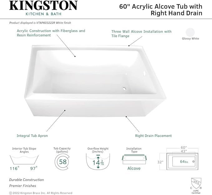 Aqua Eden VTAP603222R 60-Inch Acrylic 3-Wall Alcove Tub with Right Hand Drain Hole, White