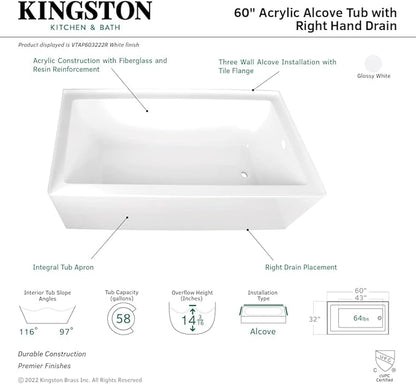 Aqua Eden VTAP603222R 60-Inch Acrylic 3-Wall Alcove Tub with Right Hand Drain Hole, White