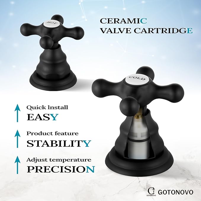 gotonovo Bathroom Faucet 3 Hole 8 Inch Widespread Bathroom Sink Faucet 2 Cross Handles Vintage Lavatory Vanity Mixer Tap with Pop Up Drain, HOT Cold Label, Matte Black