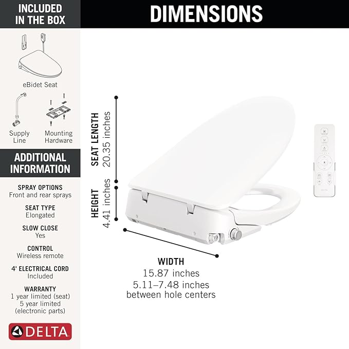 Delta Faucet Refresh Premium Elongated Electric Bidet Toilet Seat, Warm Water Bidet, Heated Seat Bidet, Bidet Attachment for Toilet, Toilet Seat Bidet, Bidet Toilet Seat Elongated, White 893006E-WH