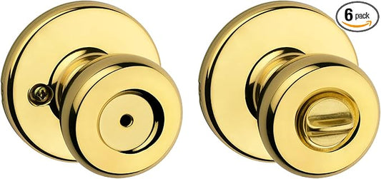 Kwikset Tylo Interior Privacy Door Knob with Lock, Door Handle for Bathroom and Bedroom, Polished Brass Keyless Turn Lock Doorknob, 1 Count (Pack of 6)