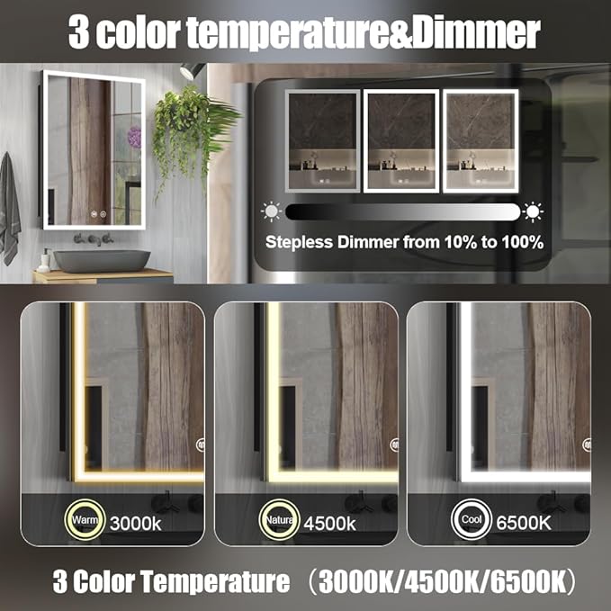 LED Medicine Cabinet with Light,16×24inch,Recess Mirror Cabinet for Bathroom,3 Color,Dimmable,Demister,Detachable Side Plate,Recess Mount or Surface Mount